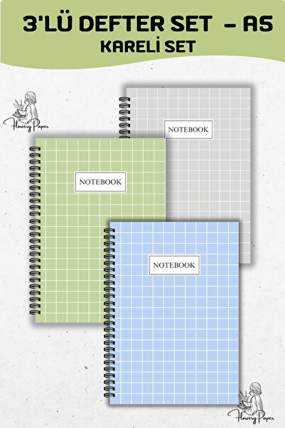 Flowery Paper Kareli 3'lü Telli Defter Seti A5,80 Yaprak 160 Sayfa Notepad, M...