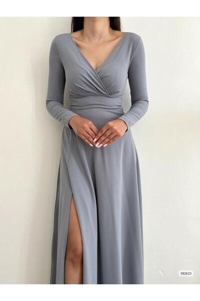 Modafeminen Double-breasted neck long sleeve slit detail imported crepe fabric long basic dress 582623 gray