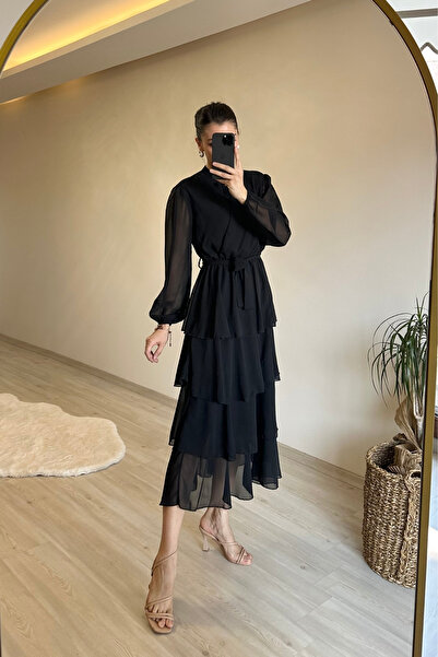 Neşeli Butik γυναικείο φόρεμα μίντι σιφόν με κυματιστή ζώνη NM004