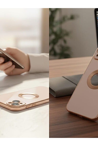 nowapazar İPHONE 14 PLUS PEMBE SİLİKONLU YANLARI GOLD DETAYLI CAM KORUMALI