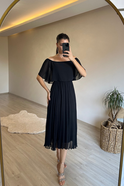 Neşeli Butik Women Off Shoulder Pleated Midi Chiffon Dress Nm006