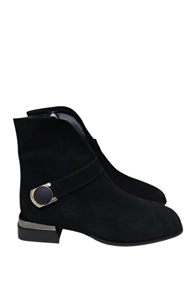 DRY SHOES Hakiki Deri Siyah Süet Kadın Bot Ayakkabı Küt Burun Kısa Topuklu Fermuarlı Tokalı DRY-2137