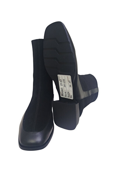 DRY SHOES Hakiki Deri Siyah Kadın Bot Ayakkabı Küt Burun Kısa Topuklu Fermuarlı Orta Boy Bot DRY-2133
