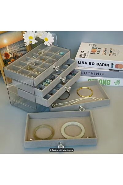 AuraStile منظم مجوهرات فاخر مكون من 5 طبقات مبطن بالمخمل مع أدراج باللون الرمادي