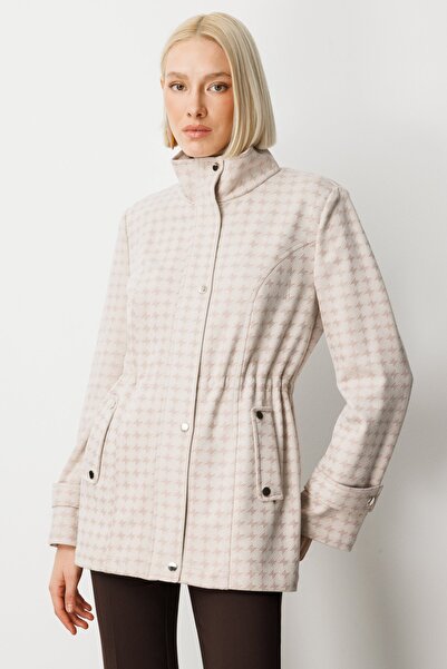 Ekol Houndstooth Patterned Trench Coat with Epaulettes on the Sleeves