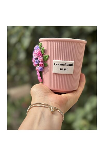 OEM Pink Mug with Stripes, Bouquet of Pink Roses and Message 'Best Godmother' - Handcrafted - Zeny Dolls