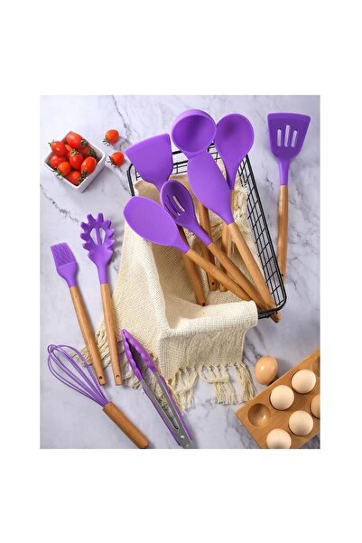 Deliny Set 12 Ustensile de Gatit din Silicon DELINY, cu Maner din Bambus, Mov