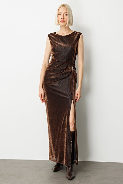 Ekol Parlak Kumaş Maxi Boy Abiye Elbise