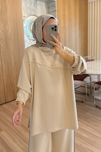 Ka Hijab Set modal cu detaliu cu nasturi aurii - Bej