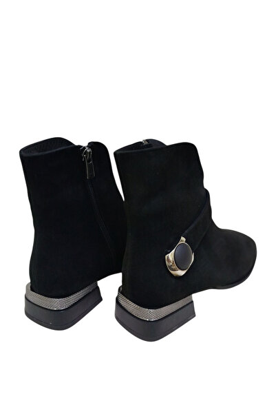 DRY SHOES Hakiki Deri Siyah Süet Kadın Bot Ayakkabı Küt Burun Kısa Topuklu Fermuarlı Tokalı DRY-2137