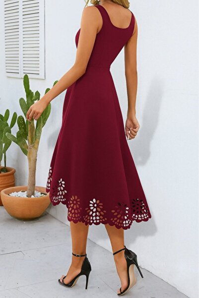 Wear Up Women's Strap Geometric Neckline Flower Laser Cut Imported Crepe Dress