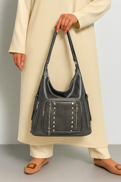 çantamgelsin Soft Faux Leather Gray Women's Bag Suitable for Hand Shoulder and Back Use