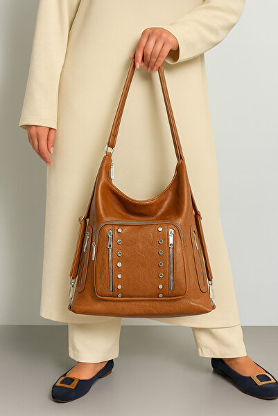 çantamgelsin Soft Faux Leather Tan Women's Bag Suitable for Hand Shoulder and Back Use