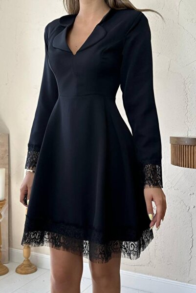 Wear Up Black Lace Detailed Double Breasted Collar Dress