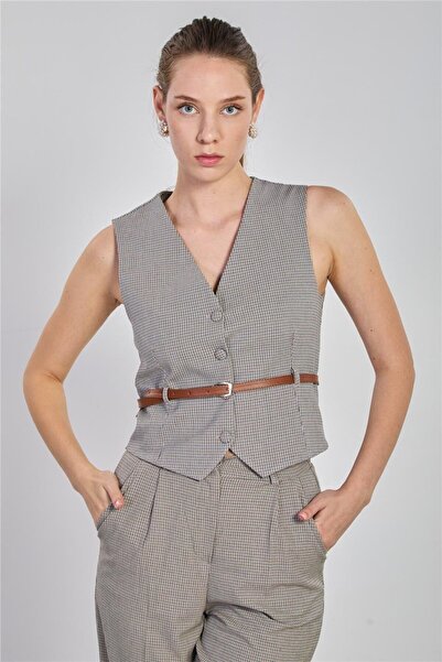 BARRELS AND OIL Women's Plaid Patterned Belted Vest - Brown