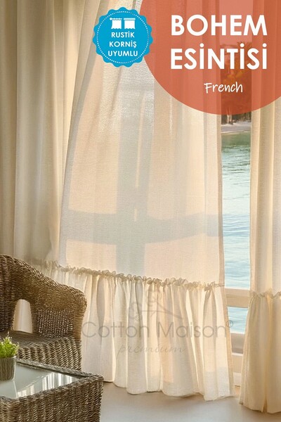 cotton maison Natural Bohemian French Style Ruffled Curtain - Single Wing, Rustic and Cornice Compatible
