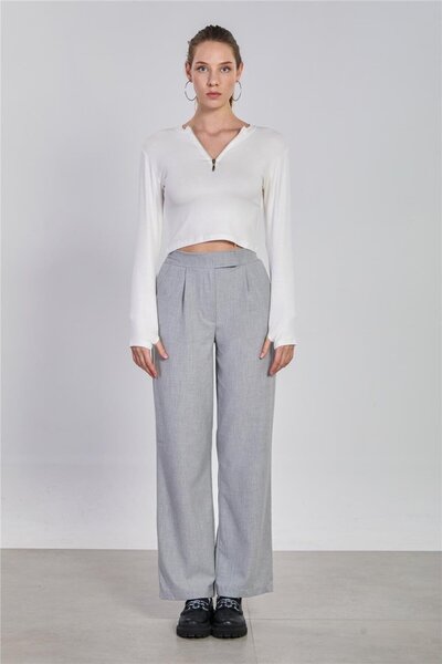 BARRELS AND OIL بنطلون نسائي من القماش بحزام فيلكرو - رمادي فاتح