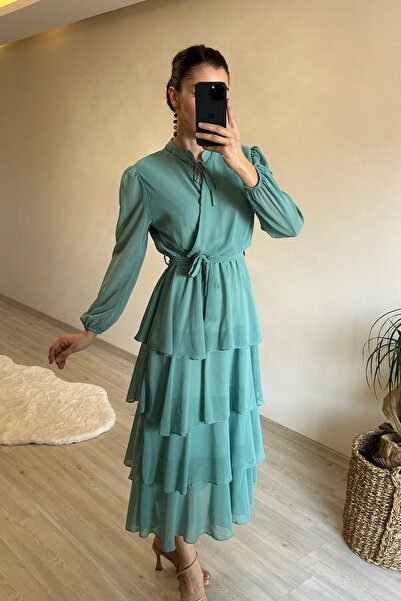 Neşeli Butik Women's Tiered Flounce Belted Midi Chiffon Dress Nm004