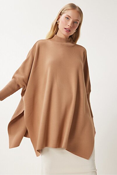 ebru akten butik Kadın Taba Oversize Yırtmaçlı Panço Kazak