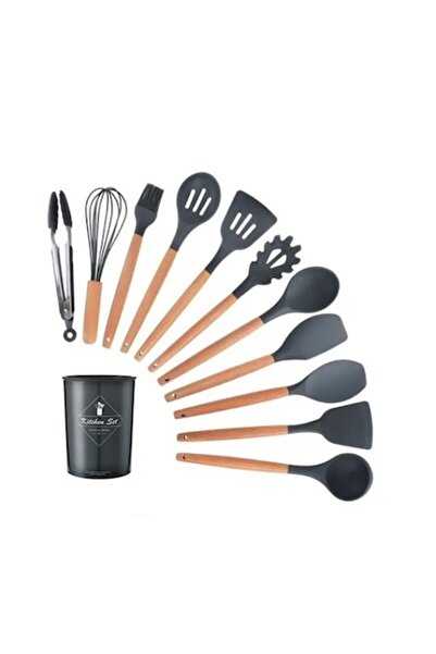 OEM Set 12 ustensile de bucătărie antiaderente, 32 cm, lemn/silicon, gri/maro