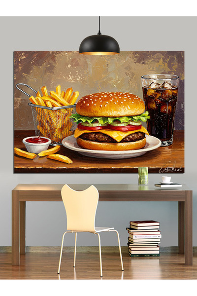 Tablo Mega Büyük Sulu Hamburger Patates Dekoratif Kanvas - Mdf Ahşap Tablo