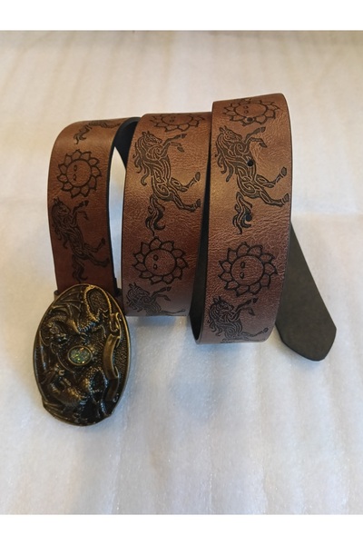 Butik Tülin حزام جلد صناعي أصلي للجنسين مطبوع عليه صورة حصان وقلم حبر بني وبر...