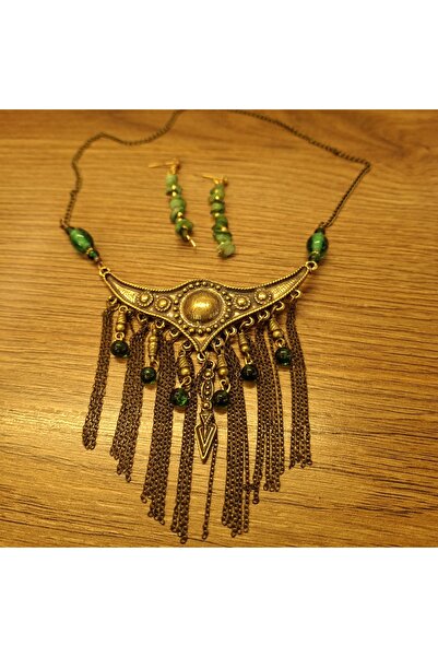 azra takı tasarım Handmade Green Short, Authentic Ethnic Bohemian Women's Necklace and Earrings Set