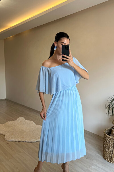 Neşeli Butik rochie midi din șifon cu pliuri, cu umăr deschis, pentru femei, NM006