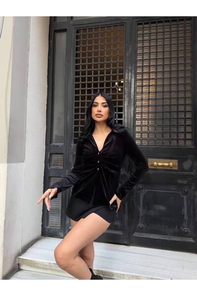 Kinzi بلوزة نسائية أنيقة بأكمام طويلة وأزرار من القماش المخملي