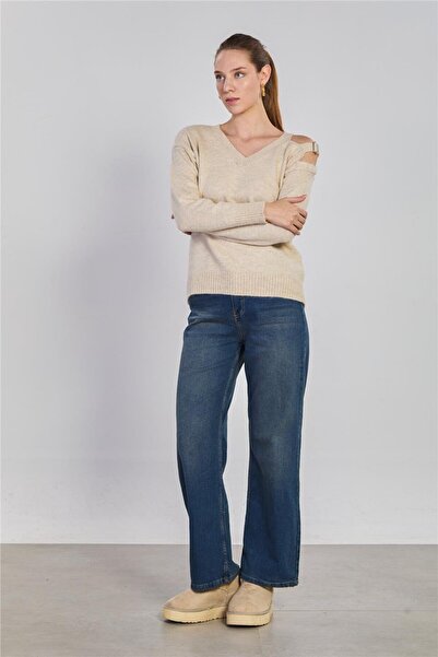 BARRELS AND OIL Women's Off-Shoulder Knit Sweater - Stone Color