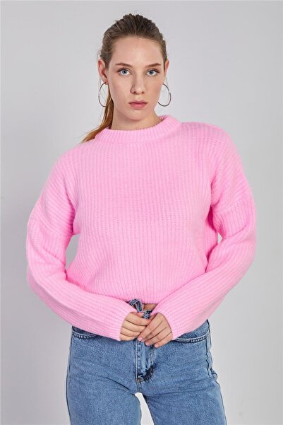 BARRELS AND OIL Kadın Örgülü Crop Kazak - Pembe