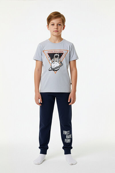 Little Frog Cotton Short Sleeve Pocketed Leg Band Boys Pajama Set |   Gray