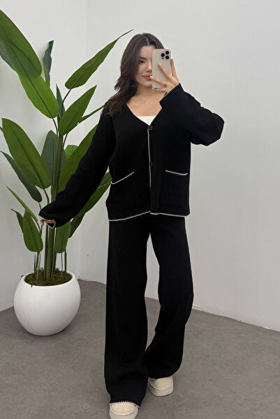Bipantolon Жіночий чорний кардиган з кишенями та швами «пастух» Штани Верхній одяг Трикотажний комплект