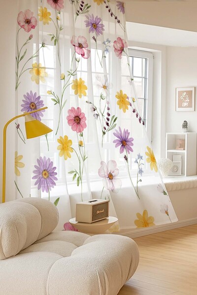 Else Dekor Πολύχρωμα ανοιξιάτικα λουλούδια με μοτίβο ψηφιακής εκτύπωσης Κουρτίνα από τούλι Σαλόνι Κουζίνα Υπνοδωμάτιο 140x260cm