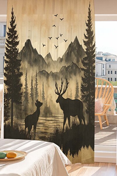 3D ELSE HALI Dağ Manzaralı Geyik Desenli Dijital Baskı Tül Perde Salon Mutfak...