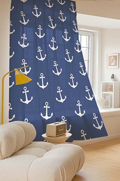 Else Dekor Blue Sailor Anchor Patterned Digital Printing Tulle Curtain Living Room Kitchen Bedroom 140X260Cm