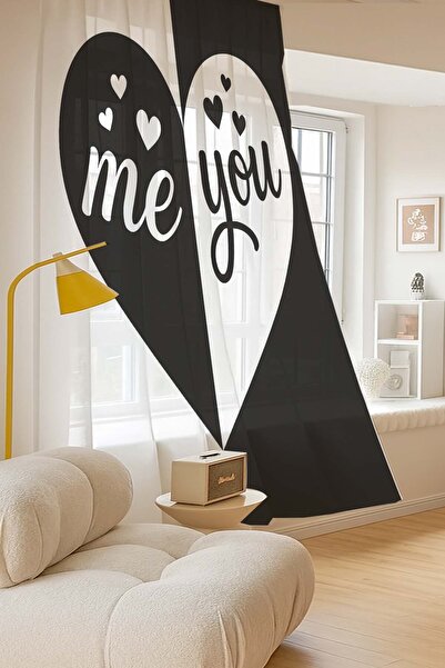 Else Dekor Black and White Heart Patterned Digital Printing Tulle Curtain Living Room Kitchen Bedroom 140X260Cm