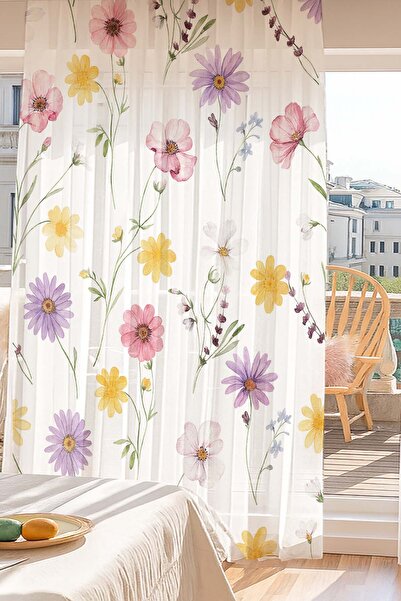 Else Dekor Colorful Spring Flowers Patterned Digital Printing Tulle Curtain Living Room Kitchen Bedroom 140X260Cm