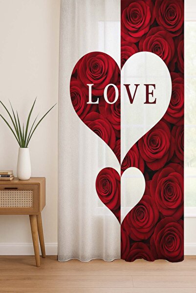 Else Dekor Red White Heart Love Floral Patterned Digital Printing Tulle Curtain Living Room Kitchen Bedroom 140X260Cm