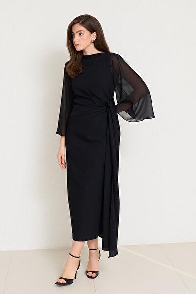 Setre Μαύρο φόρεμα με λεπτομέρεια στη μέση, στο λαιμό και στα μανίκια, άνετο κομμένο φόρεμα μεσαίου μήκους