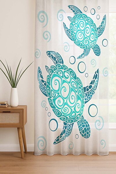 Else Dekor Turquoise Caretta Turtle Patterned Digital Printing Tulle Curtain Living Room Kitchen Bedroom 140X260Cm