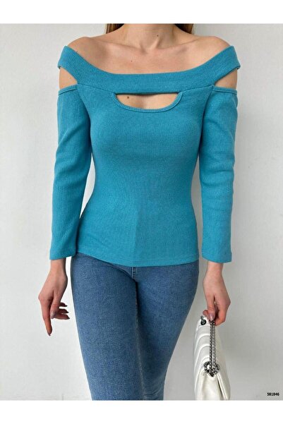 Modafeminen Flexible Fabric Camisole Off-The-Shoulder Low-Cut Blouse 581846 Turquoise