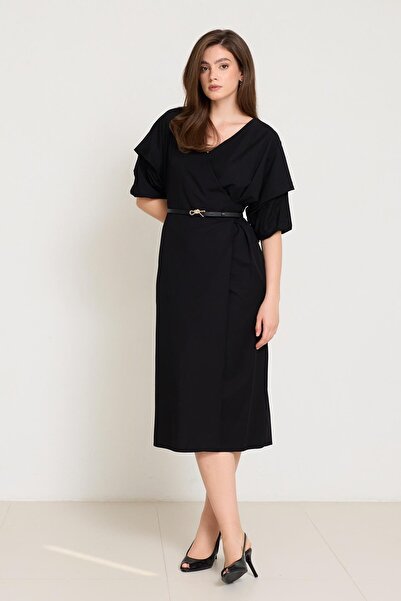 Setre Siyah Kruvaze Yaka Kol Detaylı Tam Kalıp Midi Boy Elbise