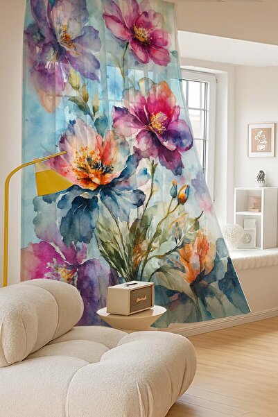 Else Dekor Watercolor Floral Pattern Digital Printing Tulle Curtain Living Room Kitchen Bedroom 140X260Cm