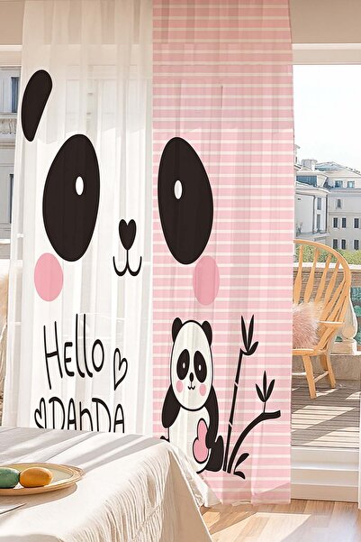 Else Dekor Cute Panda Pattern Digital Printing Tulle Curtain Living Room Kitchen Bedroom 140X260Cm