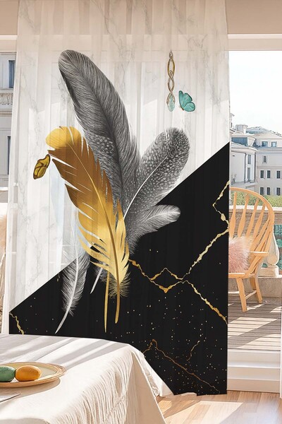 Else Dekor Colorful Feathers Patterned Digital Printing Tulle Curtain Living Room Kitchen Bedroom 140X260Cm