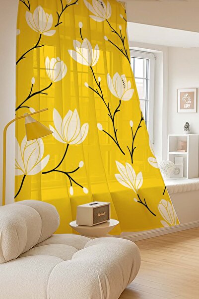 Else Halı Sarı Beyaz Çiçekler Desenli Dijital Baskı Tül Perde Salon Mutfak Ya...