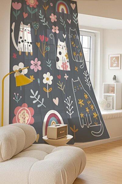 Else Halı Mistik Kedili Desenli Dijital Baskı Tül Perde Salon Mutfak Yatak Odası 140x260cm