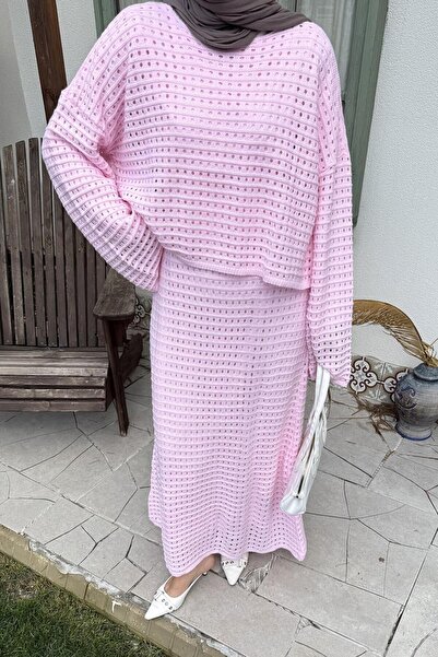 lamelif Openwork Knitwear Hijab Set Candy Pink