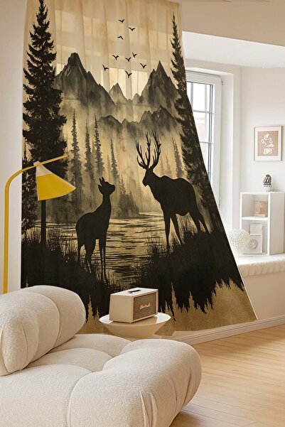 Else Halı Dağ Manzaralı Geyik Desenli Dijital Baskı Tül Perde Salon Mutfak Ya...